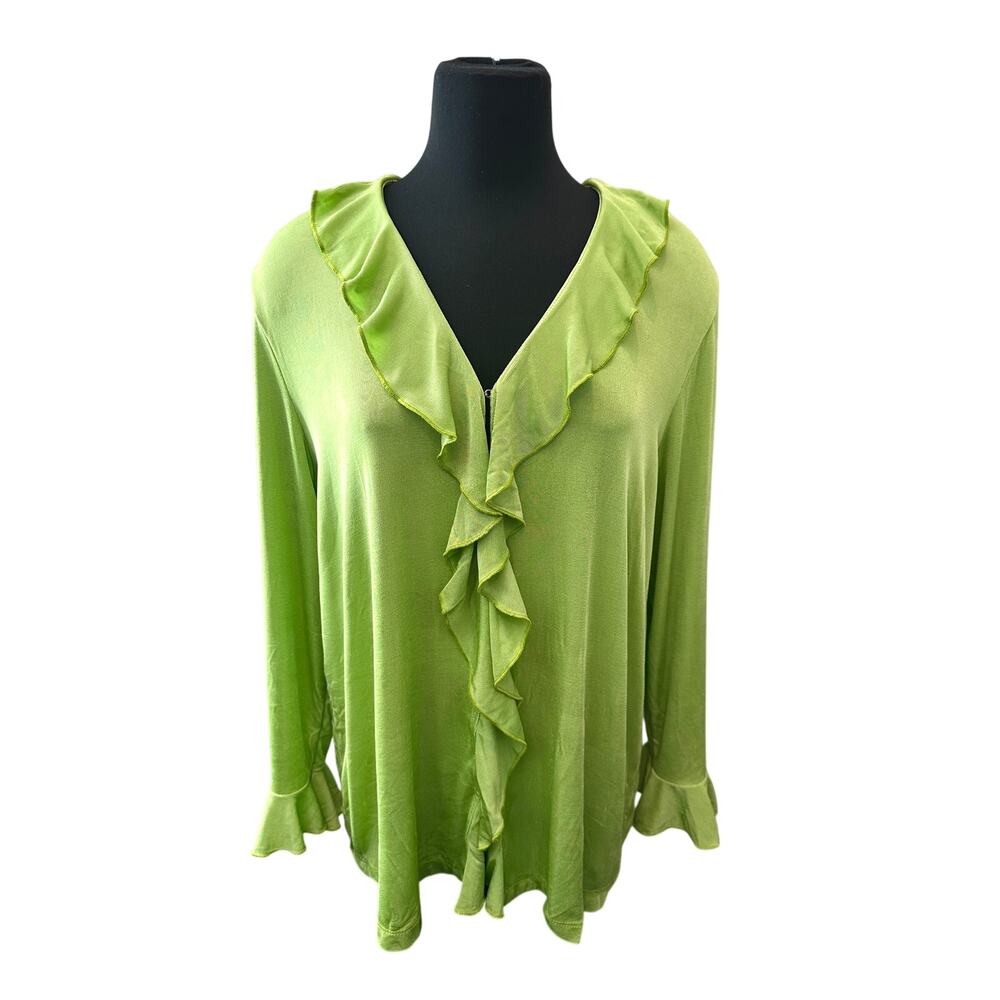 SLINKY BRAND Lime Green Ruffle Front Cardigan Top Y2K Vintage Artsy | XL - Picture 3 of 8